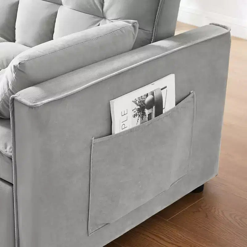 Canapé futon moderne en velours avec coussins décoratifs et poches pour salon, chambre à coucher, petit espace, gris