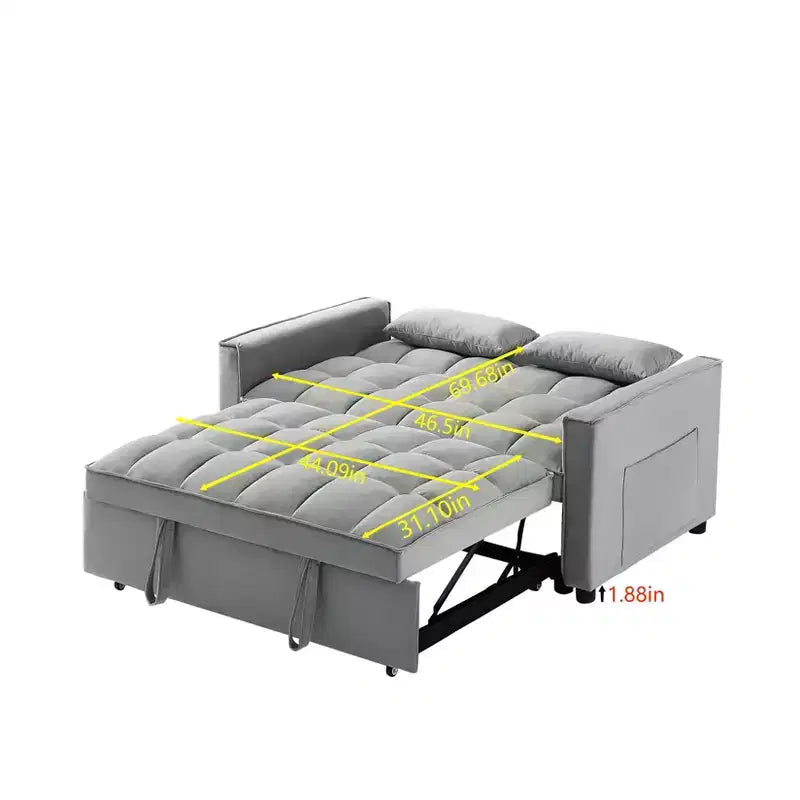 Canapé futon moderne en velours avec coussins décoratifs et poches pour salon, chambre à coucher, petit espace, gris