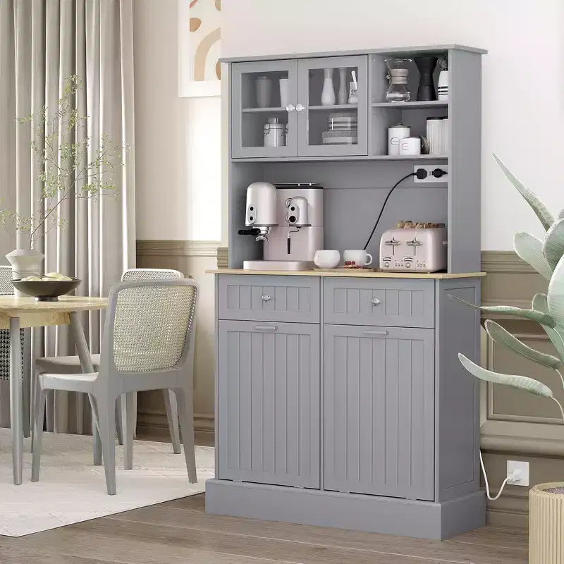 Meuble de cuisine avec station de recharge, 2 armoires basculantes, support pour micro-ondes, buffet de cuisine autoportant