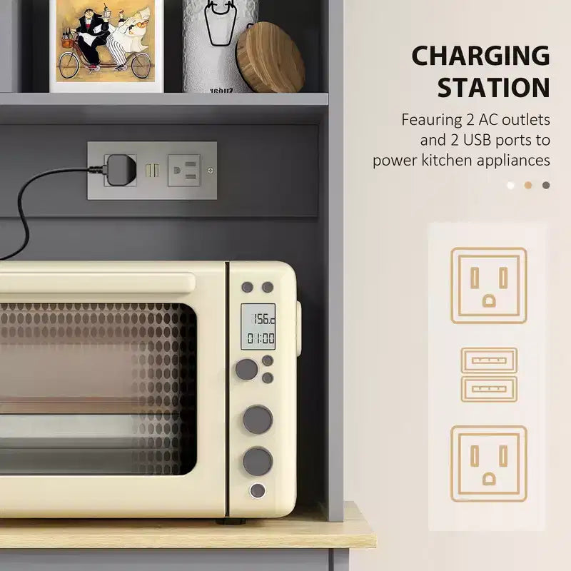 Meuble de cuisine avec station de recharge, 2 armoires basculantes, support pour micro-ondes, buffet de cuisine autoportant