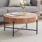 Round Coffee Table with Drawers, Wood Accent Center Table, Farmhouse Circle Table for Living Room