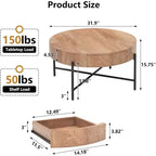 Table basse ronde avec tiroirs, table d'appoint en bois, table circulaire style ferme pour salon