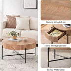 Table basse ronde avec tiroirs, table d'appoint en bois, table circulaire style ferme pour salon