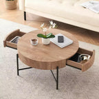 Table basse ronde avec tiroirs, table d'appoint en bois, table circulaire style ferme pour salon