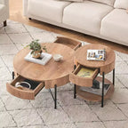 Table basse ronde avec tiroirs, table d'appoint en bois, table circulaire style ferme pour salon