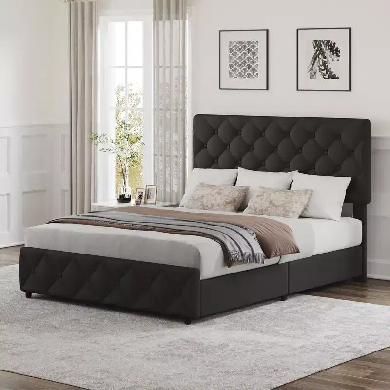 Cadre de lit plateforme double rembourré avec 4 tiroirs de rangement Tête de lit réglable, Cadre de lit plateforme de rangement en cuir PU